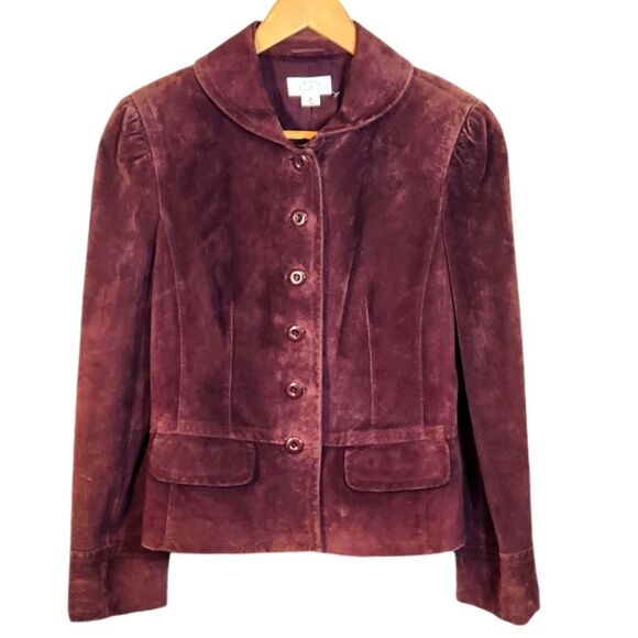 LOFT Leather‎ Jacket Suede Peplum Button Down Blazer Burgundy Cottagecore Twee 6 - Picture 1 of 13